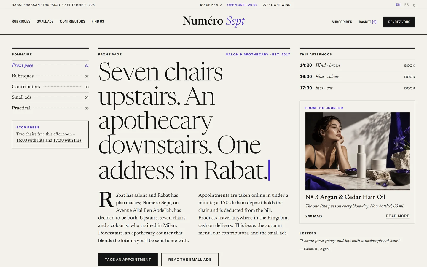 Numero Sept desktop homepage