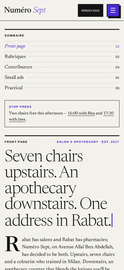 Numero Sept mobile homepage